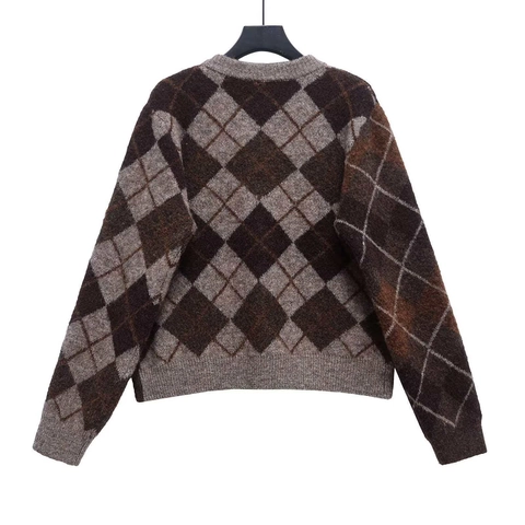 Women Vintage Argyle Knit Cardigan Sweater Round Neck Long Sleeve Button Up Fuzzy Plaid Knitted Top Outerwear