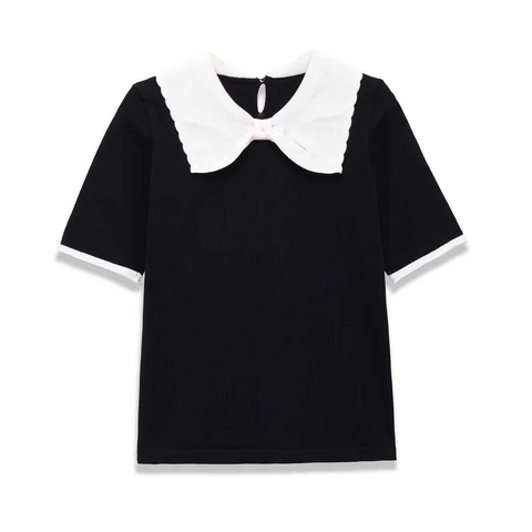 Women Elegant Contrast Color Peter Pan Collar Slim Fit Knit Sweater Short Sleeve Bow Detail Commuter Style Knitwear Top