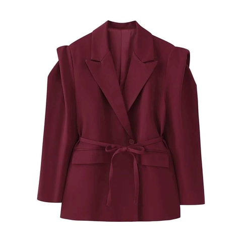 Women Elegant Slim Fit Waist Tie Blazer Jacket Padded Shoulder Notched Lapel Mid Length Office Commuting Polyester Coat