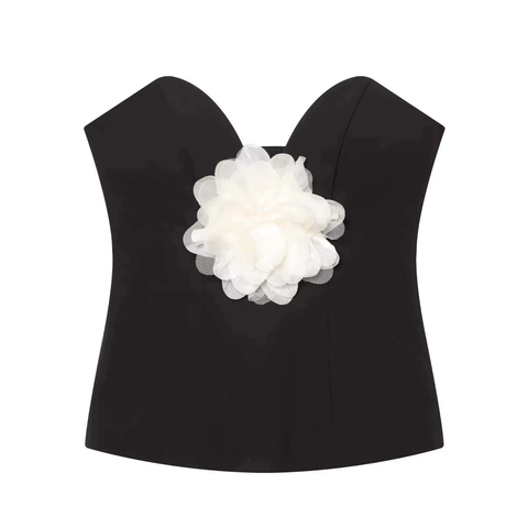 Damen Sexy Schwarz Trägerloses Schlauch Oberteil Kontrast 3D Netz Blume Korsett Stil Seitenreißverschluss Slim Fit Party Clubwear