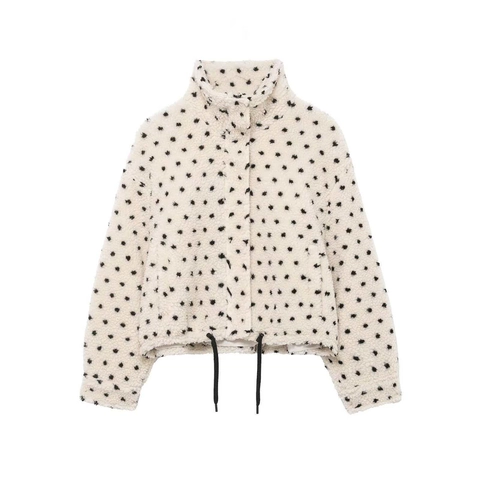 Chaqueta de Vellón Sherpa para Mujer Vintage Estampado de Corazón de Lunares Cuello Alto Dobladillo con Cordón Suelto Abrigo Cálido
