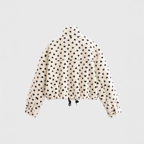 Chaqueta de Vellón Sherpa para Mujer Vintage Estampado de Corazón de Lunares Cuello Alto Dobladillo con Cordón Suelto Abrigo Cálido