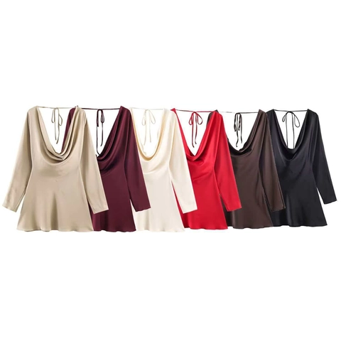 Damen Elegant Satin Wasserfallausschnitt Langarm Rückenfrei Kleid Sexy Schnürung Mini Kleid Für Abend Party Club Kurzes Kleid