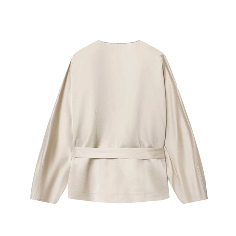 Elegant Satin Wrap Blouse V-Neck Long Sleeve Bow Tie Waist Champagne Solid Color Shirt For Women Office Wear Top