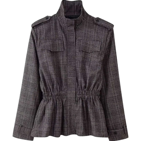 Women Plaid Peplum Jacket And Balloon Pants Set Checked Ruffled Hem Coat Wide Leg Trousers Casual Outfits