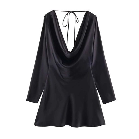 Damen Elegant Satin Wasserfallausschnitt Langarm Rückenfrei Kleid Sexy Schnürung Mini Kleid Für Abend Party Club Kurzes Kleid