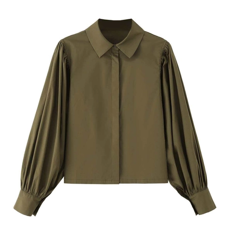 Women's Casual Solid Army Green 100% Cotton Poplin Blouse Chic Lantern Sleeve Lapel Hidden Button Down Loose Shirt Top