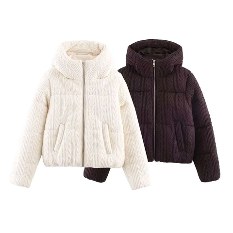 Dames Mode Kabelgebreide Gewatteerde Jas Met Capuchon Winter Warm Dik Rits Kort Katoenen Jas Bovenkleding Donkerbruin Wit