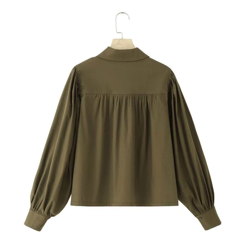 Women's Casual Solid Army Green 100% Cotton Poplin Blouse Chic Lantern Sleeve Lapel Hidden Button Down Loose Shirt Top
