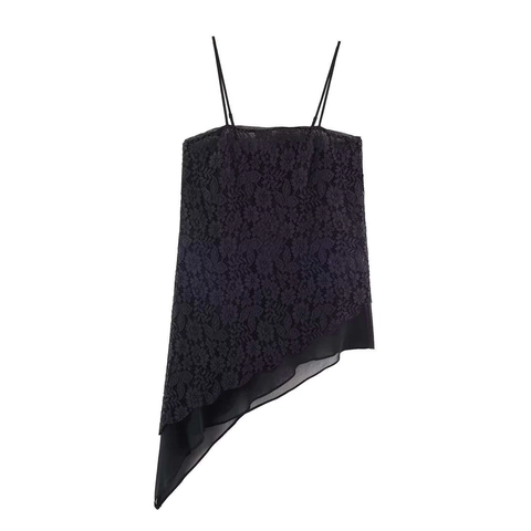 Dames Asymmetrische Kant Cami Top Bloemenborduurwerk Spaghettibandjes Mouwloos Zomer Elegant Lange Tank Top Zwart