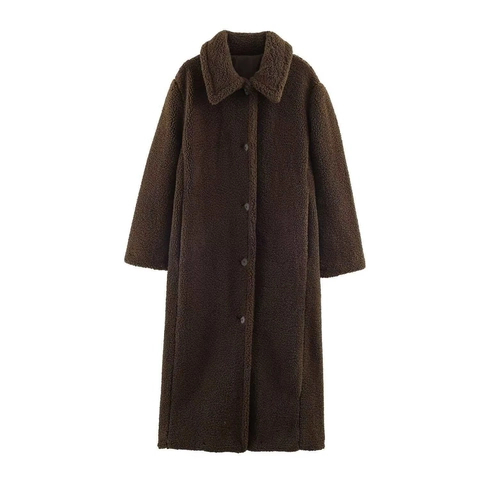 Women Retro Single Breasted Sherpa Fleece Extra Long Coat Lapel Teddy Bear Jacket Coffee Brown Solid Winter Warm Overcoat