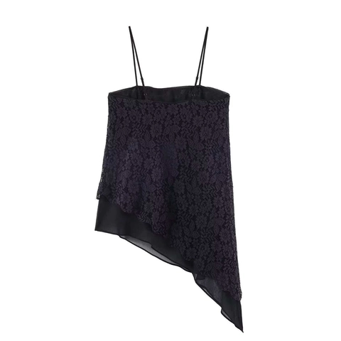 Dames Asymmetrische Kant Cami Top Bloemenborduurwerk Spaghettibandjes Mouwloos Zomer Elegant Lange Tank Top Zwart