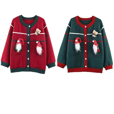 Gilet en Maille de Noël pour Femmes Pull Ample Manches Longues Boutonné Avec Décoration Gnomes 3D et Ours en Peluche