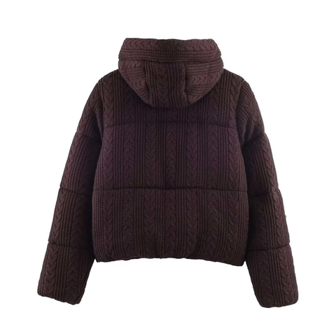 Dames Mode Kabelgebreide Gewatteerde Jas Met Capuchon Winter Warm Dik Rits Kort Katoenen Jas Bovenkleding Donkerbruin Wit