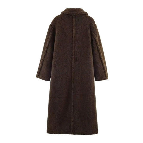 Women Retro Single Breasted Sherpa Fleece Extra Long Coat Lapel Teddy Bear Jacket Coffee Brown Solid Winter Warm Overcoat