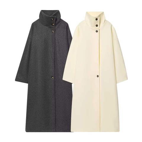 Cappotto Lungo di Lana Elegante da Donna Inverno Collo Alto Monopetto Soprabito Caldo Semplice Casual Pendolare Giacca Tinta Unita
