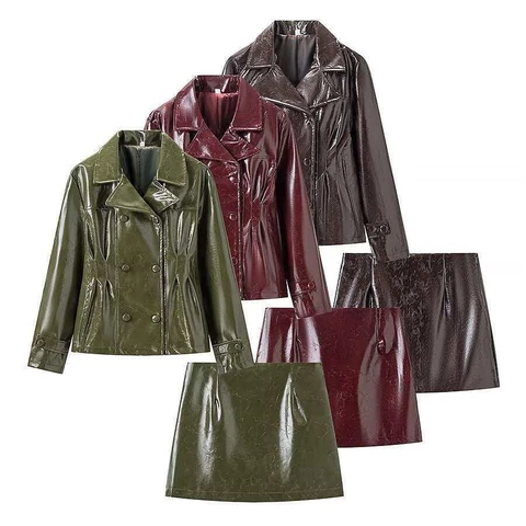 Dames Vintage Glanzend PU Leren Top En Rok Set Elegante Double Breasted Jas Hoge Taille A-Lijn Minizit Mode Outfit
