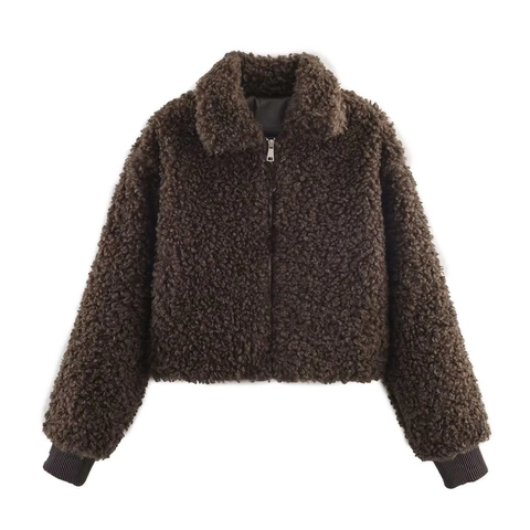 Women Winter Casual Coffee Teddy Fleece Jacket Faux Fur Warm Zip Up Long Sleeve Coat With Pockets Solid Color Outerwear