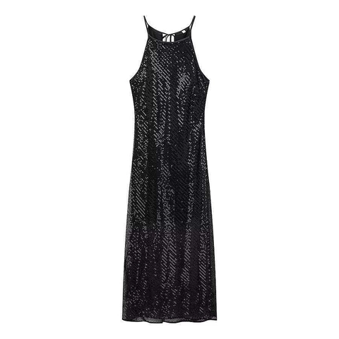 Damen Sexy Schwarzes Pailletten Halfter Kleid Slim Fit Ärmelloses Rückenfreies Midikleid Für Abendparty Bankett Elegante Clubwear