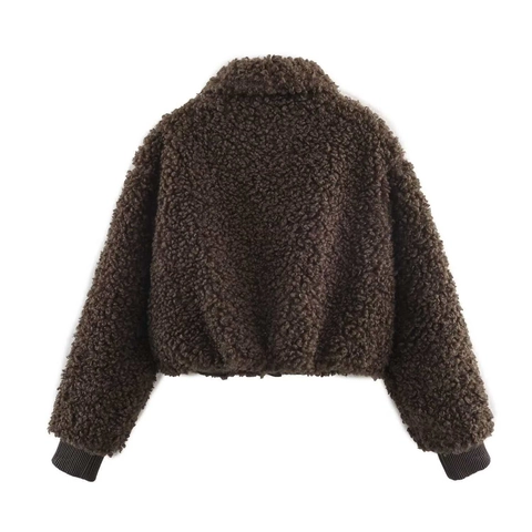 Women Winter Casual Coffee Teddy Fleece Jacket Faux Fur Warm Zip Up Long Sleeve Coat With Pockets Solid Color Outerwear
