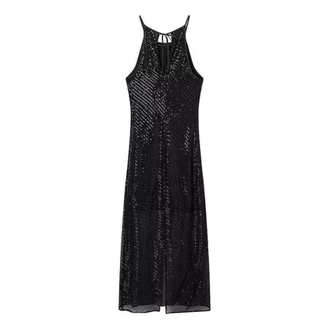 Damen Sexy Schwarzes Pailletten Halfter Kleid Slim Fit Ärmelloses Rückenfreies Midikleid Für Abendparty Bankett Elegante Clubwear