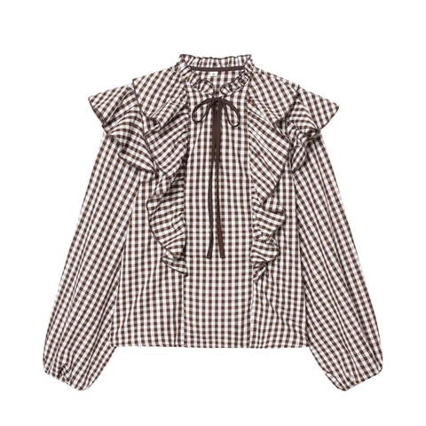 Blusa Vintage de Gingham Marrón Con Volantes Manga Larga Para Mujer Cottagecore Lazo Manga Linterna Patchwork Cuadros