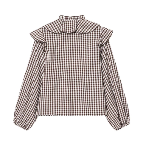 Blusa Vintage de Gingham Marrón Con Volantes Manga Larga Para Mujer Cottagecore Lazo Manga Linterna Patchwork Cuadros