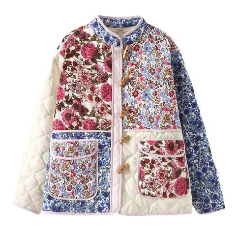 Women Vintage Floral Patchwork Quilted Jacket Wood Toggle Buttons Contrast Color Streetwear Long Sleeve Padded Coat Top