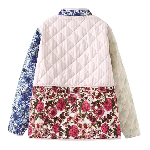Women Vintage Floral Patchwork Quilted Jacket Wood Toggle Buttons Contrast Color Streetwear Long Sleeve Padded Coat Top