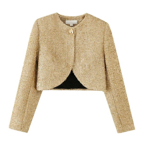 Women Elegant Gold Metallic Tweed Jacket Round Neck Cropped Short Coat Office Daily Wear One Button Blazer