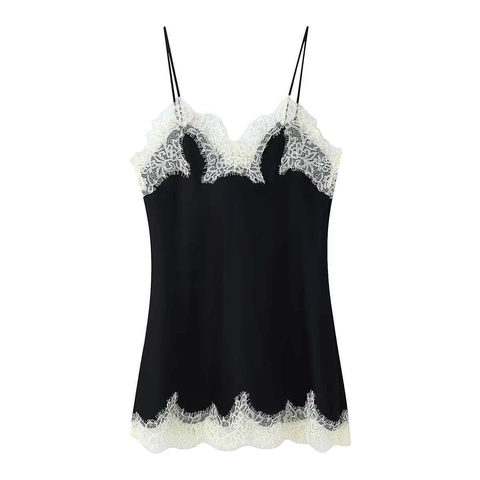 Damen Elegant Satin Textur Spitzen Patchwork Cami Top Sexy V-Ausschnitt Ärmellos Schwarz Bluse Mit Weiß Wimpernspitze Für Alltag