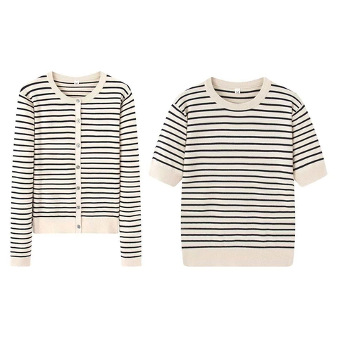 Gilet en Maille Rayé Style Français pour Femmes Col Rond Simple Boutonnage Pull Manches Longues Haut Décontracté