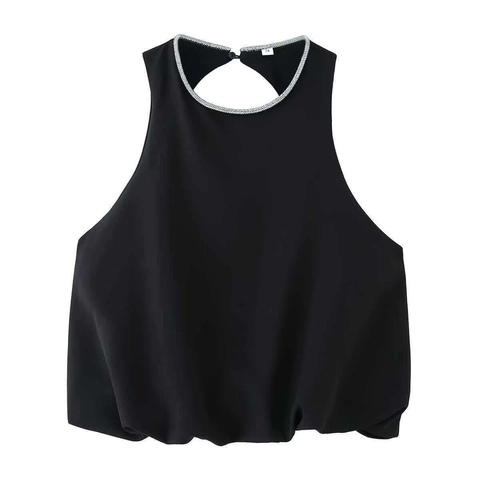 Vrouwen Elegant Halternek Mouwloos Top Met Strass Decoratie Bubbelzoom Rugloos Polyester Zwarte Blouse Zomer Mode