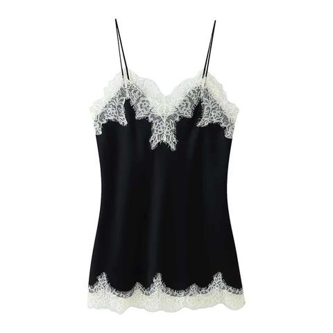 Damen Elegant Satin Textur Spitzen Patchwork Cami Top Sexy V-Ausschnitt Ärmellos Schwarz Bluse Mit Weiß Wimpernspitze Für Alltag