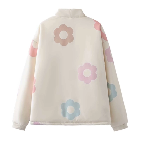 Veste Matelassée Rembourrée Vintage à Imprimé Floral pour Femme Crème Douce Poignets Côtelés Col en V Automne Hiver Chaud
