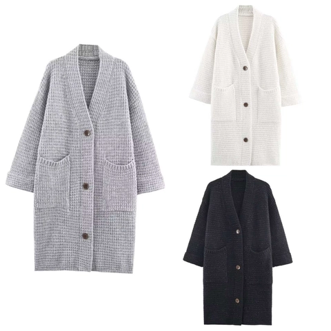 Gilet Long Décontracté en Tricot Nid d'Abeille pour Femmes Couleur Unie Col en V Avec Boutons Et Poches Manteau Ample