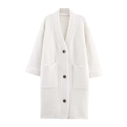Gilet Long Décontracté en Tricot Nid d'Abeille pour Femmes Couleur Unie Col en V Avec Boutons Et Poches Manteau Ample