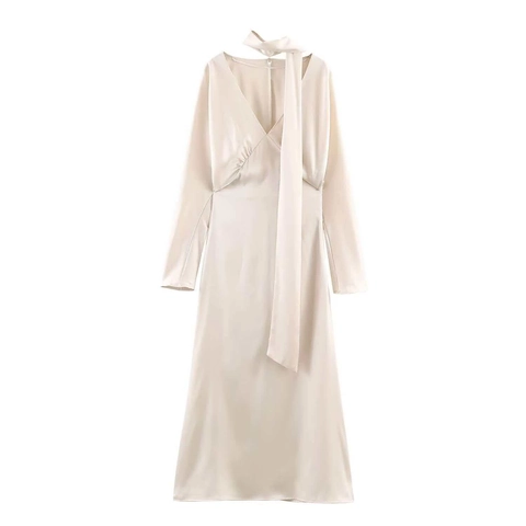 Women Elegant Satin V Neck Long Sleeve Maxi Dress With Scarf Tie Pleated Waist Solid Color Party Banquet Dress