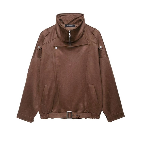 Giacca in Ecopelle Scamosciata Marrone Vintage da Donna Colletto Rialzato Cerniera Cappotto Corto Manica Lunga Casual Solido