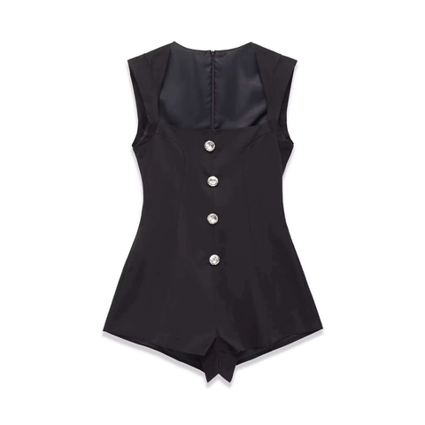 Elegant Sleeveless Square Neck Romper For Women Slim Fit Black Jumpsuit With Rhinestone Buttons Back Zipper Short Pant