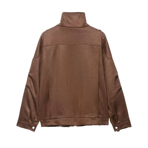 Giacca in Ecopelle Scamosciata Marrone Vintage da Donna Colletto Rialzato Cerniera Cappotto Corto Manica Lunga Casual Solido