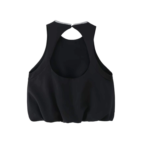 Vrouwen Elegant Halternek Mouwloos Top Met Strass Decoratie Bubbelzoom Rugloos Polyester Zwarte Blouse Zomer Mode