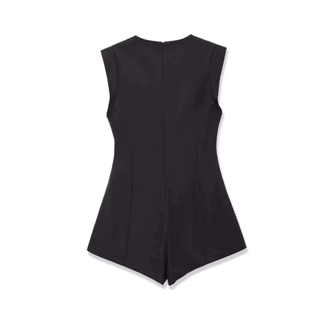Elegant Sleeveless Square Neck Romper For Women Slim Fit Black Jumpsuit With Rhinestone Buttons Back Zipper Short Pant
