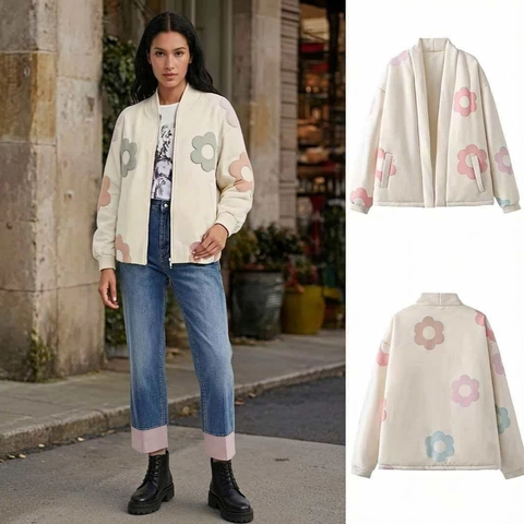 Veste Matelassée Rembourrée Vintage à Imprimé Floral pour Femme Crème Douce Poignets Côtelés Col en V Automne Hiver Chaud