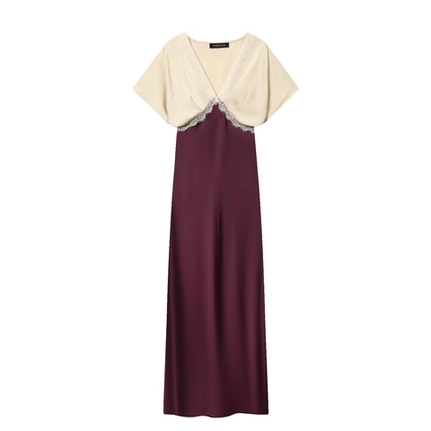 Vestido Maxi de Satén Elegante para Mujer Patchwork de Encaje Cuello en V Manga Corta Color de Contraste Splicing Vestido Largo Línea A