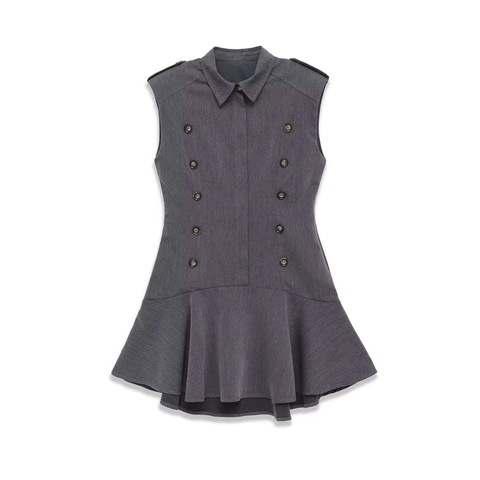 Vestido Midi sin Mangas Elegante con Doble Botonadura para Mujer Gris Solapa Dobladillo con Volantes Vestido de Oficina