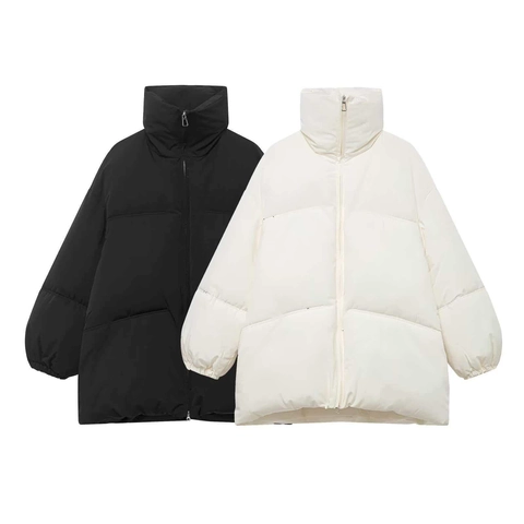 Chaqueta Puffer de Mujer Oversize Cuello Alzado Cremallera Abrigo Acolchado de Algodón Casual Color Sólido Cálido