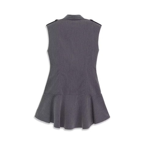 Vestido Midi sin Mangas Elegante con Doble Botonadura para Mujer Gris Solapa Dobladillo con Volantes Vestido de Oficina
