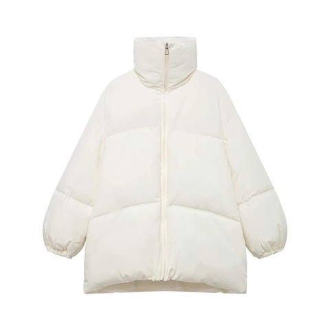Chaqueta Puffer de Mujer Oversize Cuello Alzado Cremallera Abrigo Acolchado de Algodón Casual Color Sólido Cálido