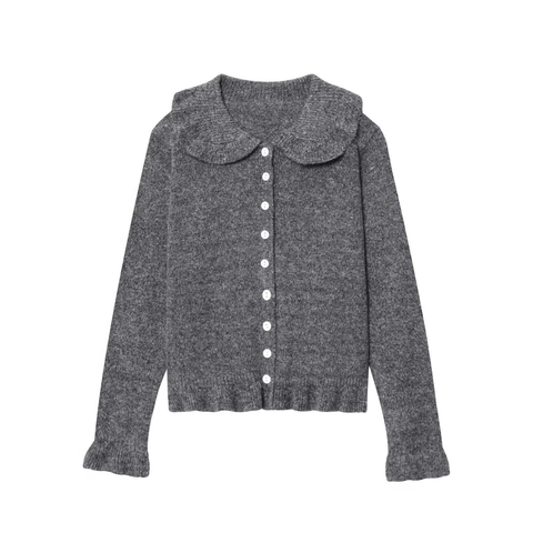 Women Peter Pan Collar Knit Cardigan Elegant Ruffle Cuff Hem Single Breasted Button Down Long Sleeve Grey Sweater Top